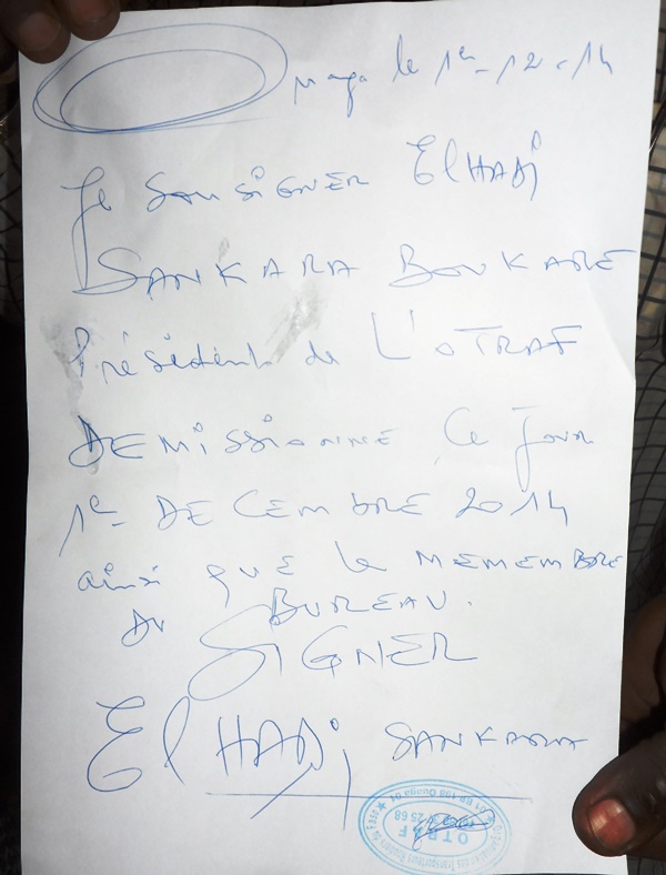 Le papier démontrant de la démission de El Hadj Boukaré Sankara ©Burkina24