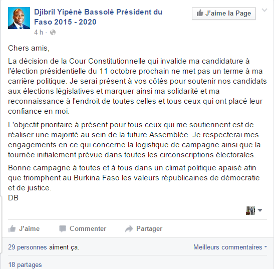 Capture d'écran du message de Bassolé sur sa pagne facebook