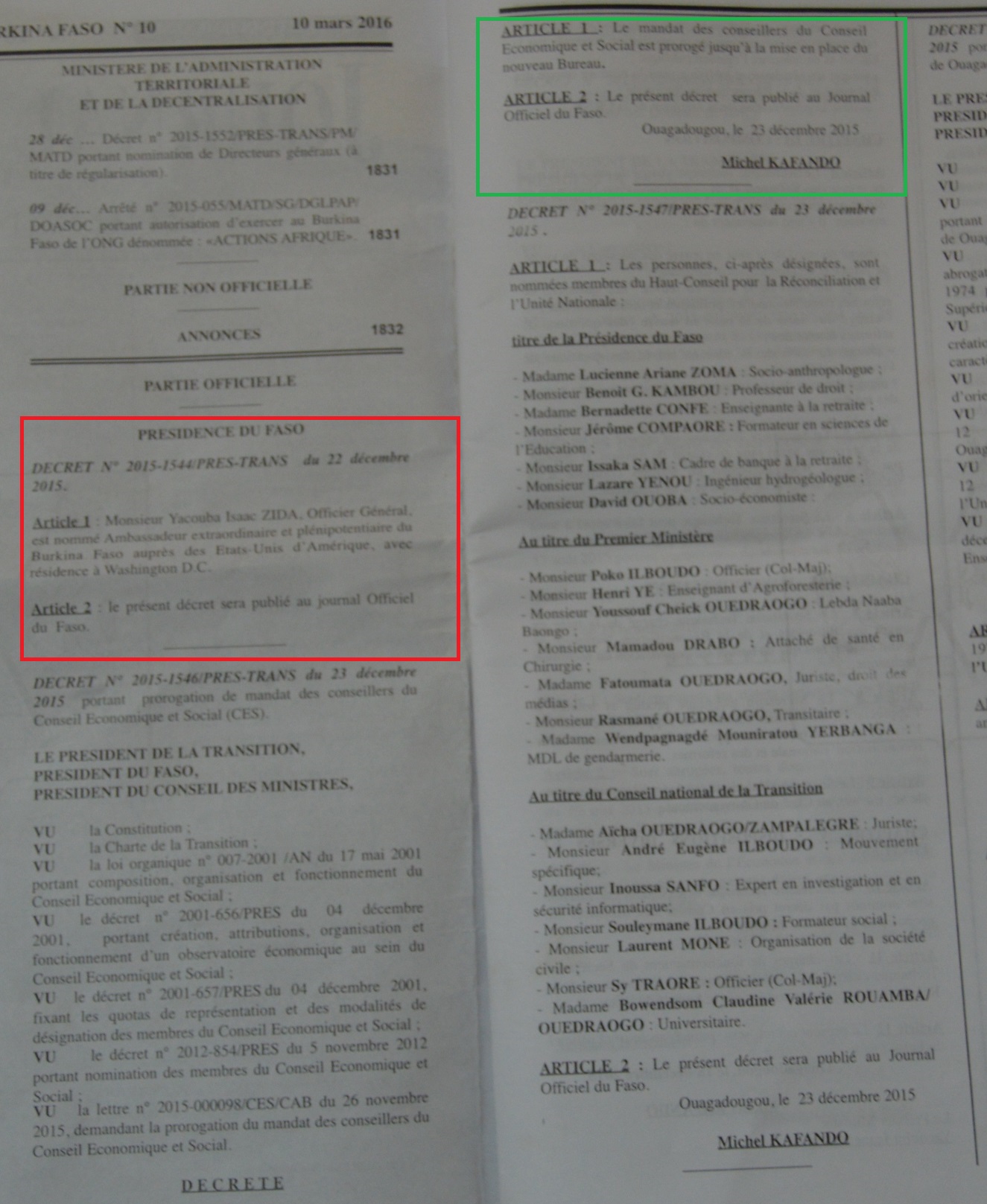 Contrairement aux autres décrets, la décision de nomination (encadrée en rouge) n'a pas été signée